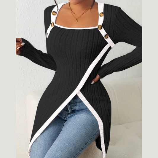 Blouse Femme Longue à Manches Longues avec Ourlet Asymétrique