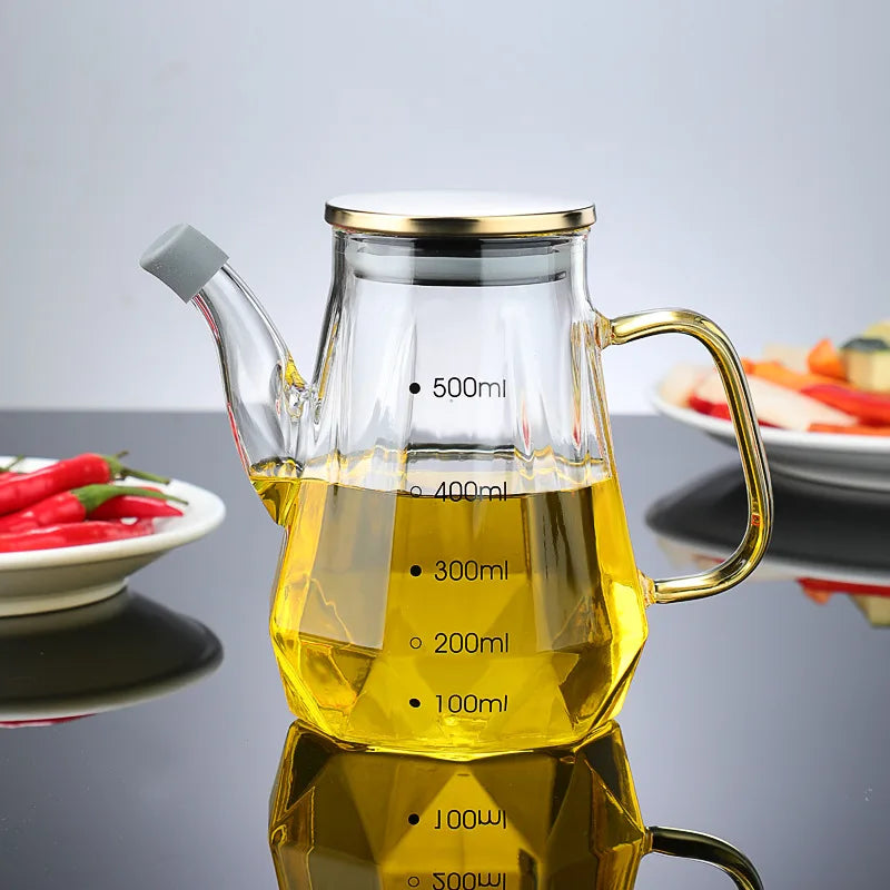 Bouteille d'huile en verre avec poignée et couvercle