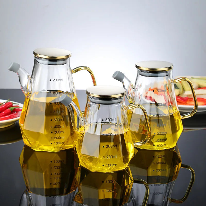 Bouteille d'huile en verre avec poignée et couvercle