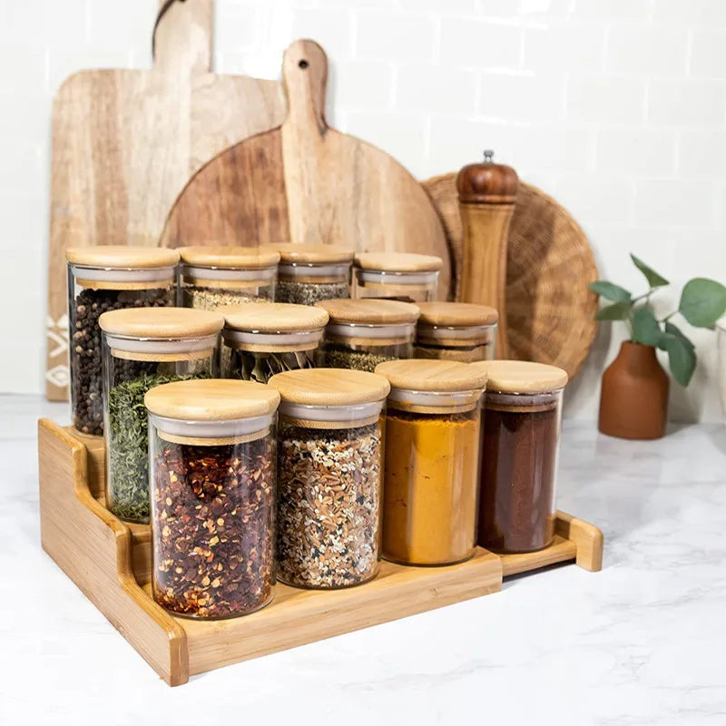 Ensemble de Pots à Épices avec Couvercle en Bambou