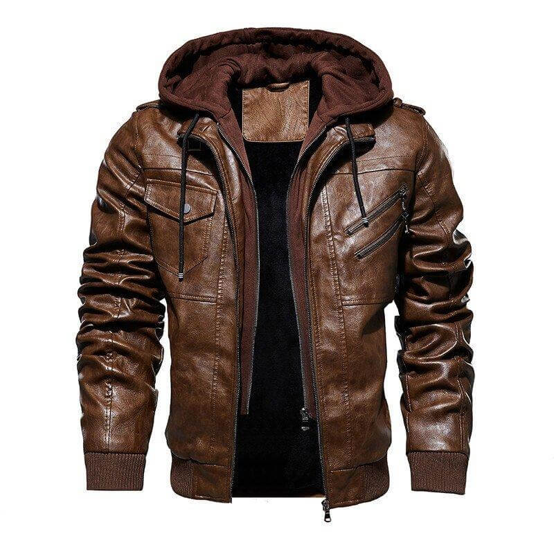 Veste Homme en Cuir 100% Véritable à Capuche Amovible