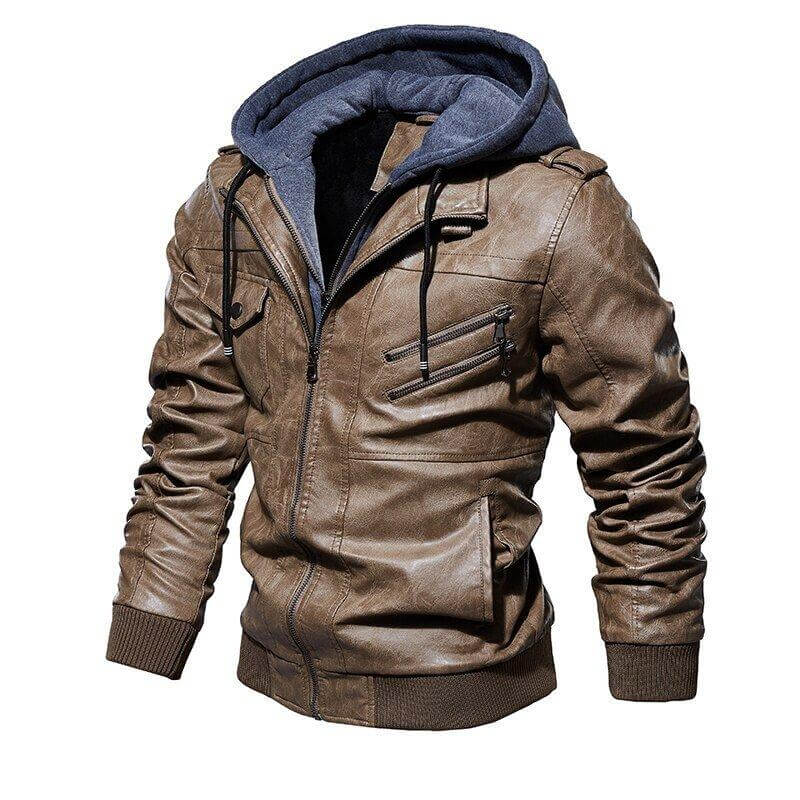 Veste Homme en Cuir 100% Véritable à Capuche Amovible