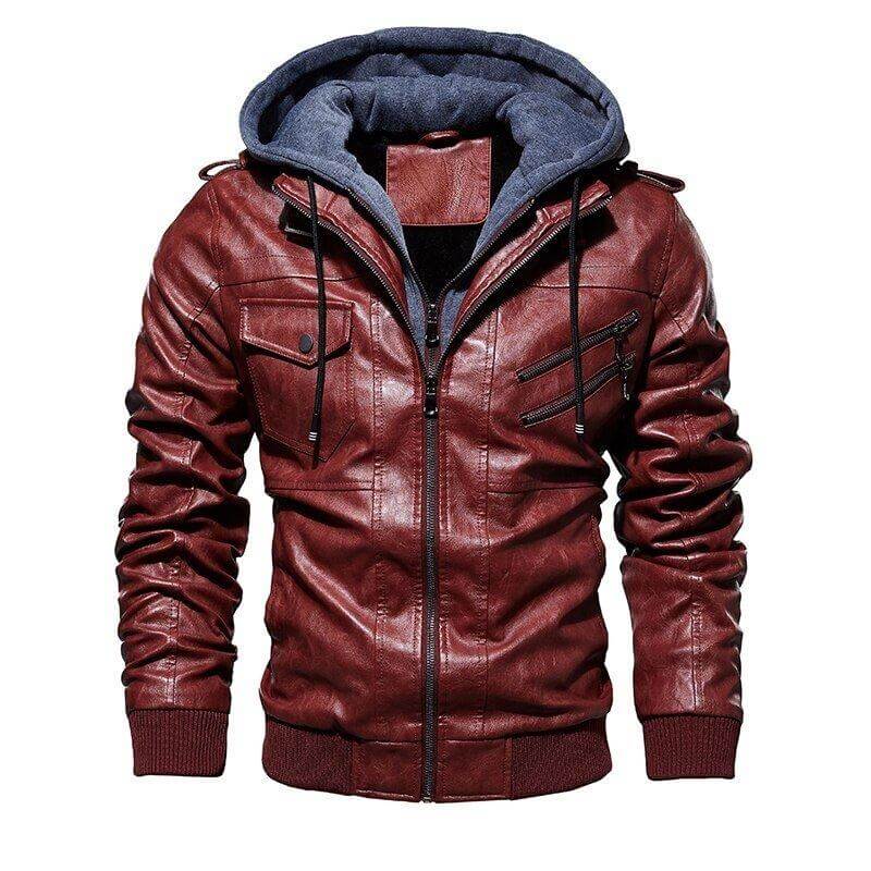 Veste Homme en Cuir 100% Véritable à Capuche Amovible
