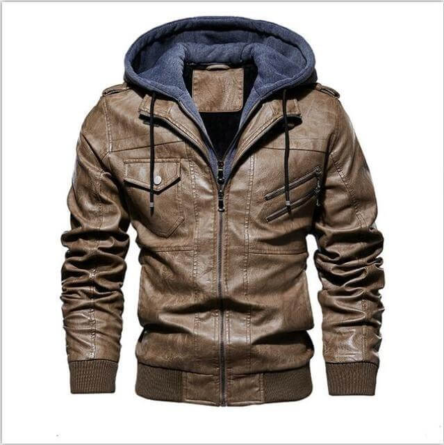 Veste Homme en Cuir 100% Véritable à Capuche Amovible