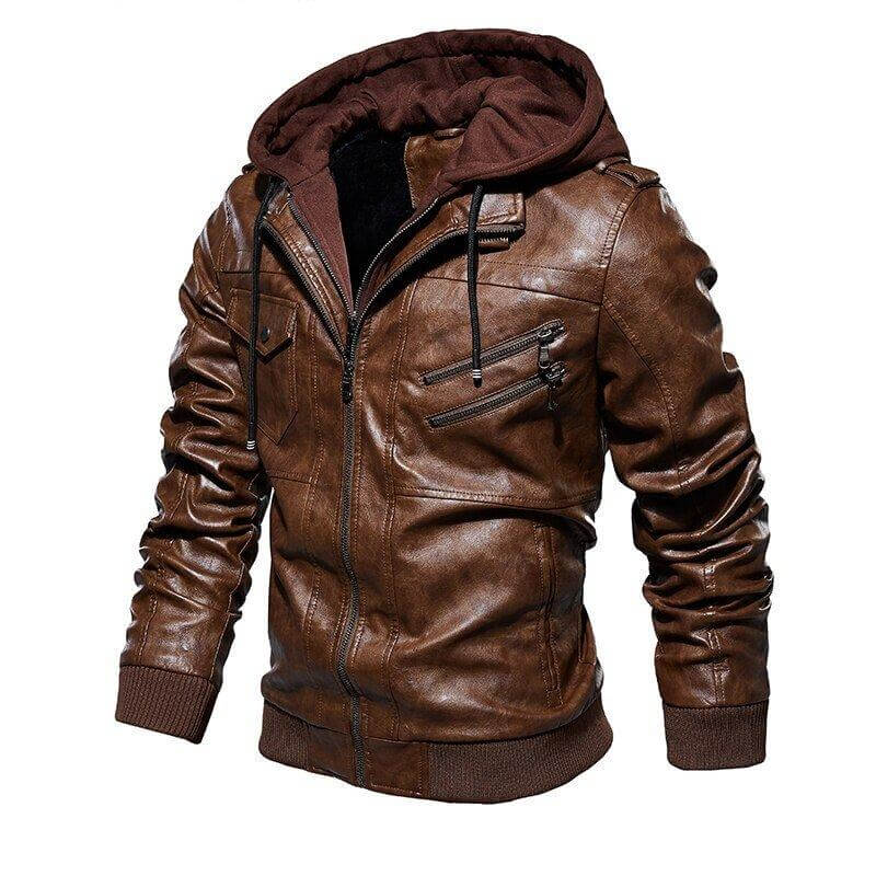 Veste Homme en Cuir 100% Véritable à Capuche Amovible
