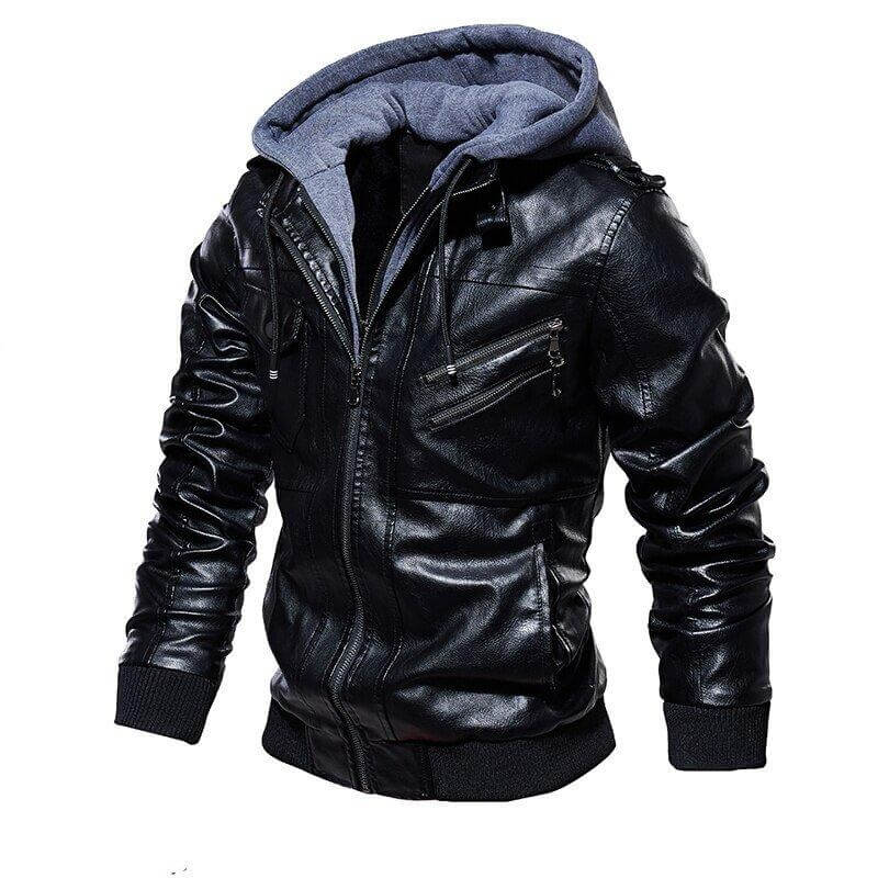 Veste Homme en Cuir 100% Véritable à Capuche Amovible