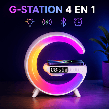 Lampe LED Multicolore avec Chargeur Sans Fil, Enceinte Bluetooth et Réveil | G-Station 4 en 1