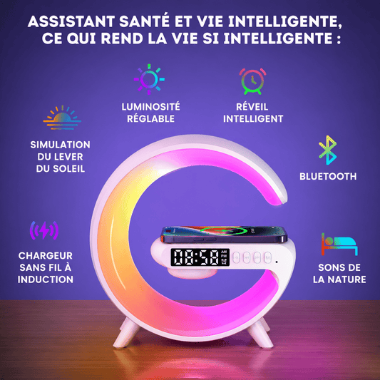 Lampe LED Multicolore avec Chargeur Sans Fil, Enceinte Bluetooth et Réveil | G-Station 4 en 1