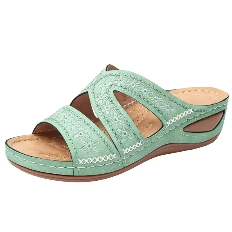 Sandales anatomiques femme à semelle compensée brodées en cuir