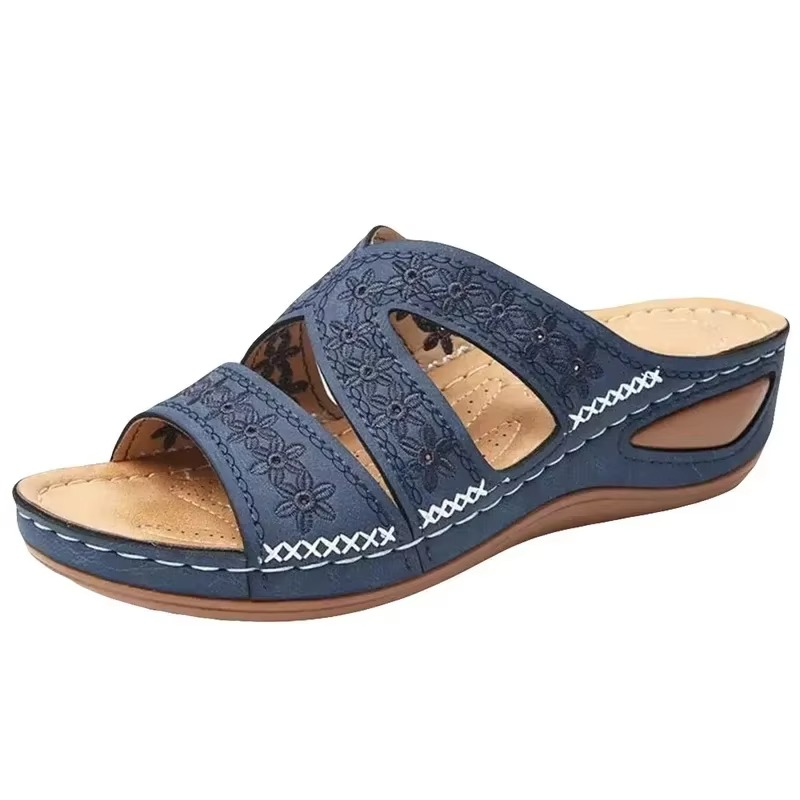 Sandales anatomiques femme à semelle compensée brodées en cuir