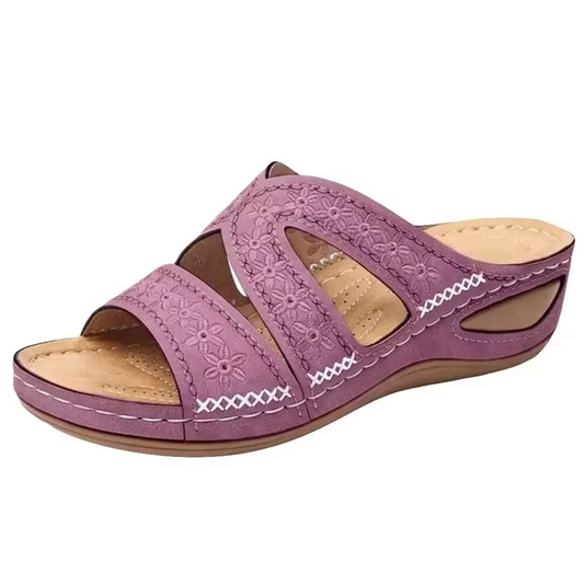 Sandales anatomiques femme à semelle compensée brodées en cuir