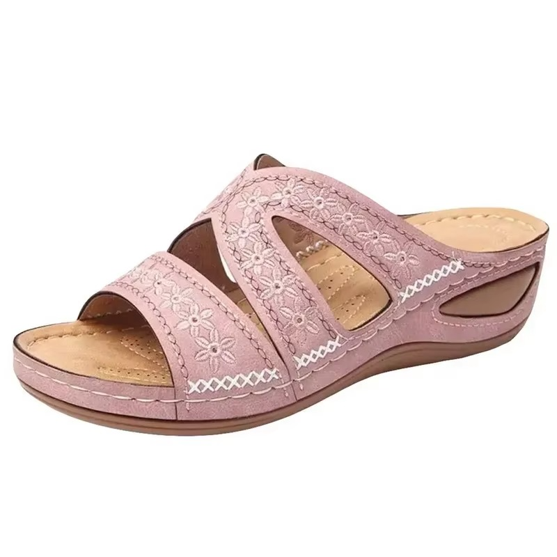 Sandales anatomiques femme à semelle compensée brodées en cuir