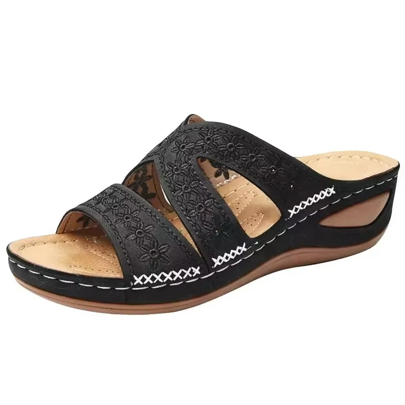 Sandales anatomiques femme à semelle compensée brodées en cuir