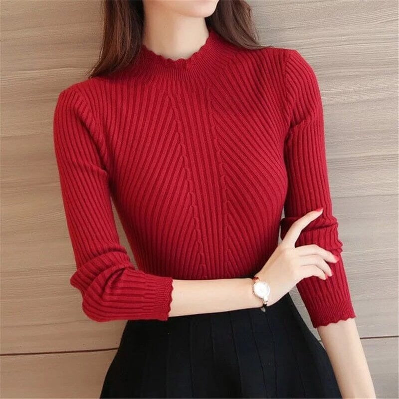 Pull Femme Slim Côtelé à Col Roulé - CozyElegance