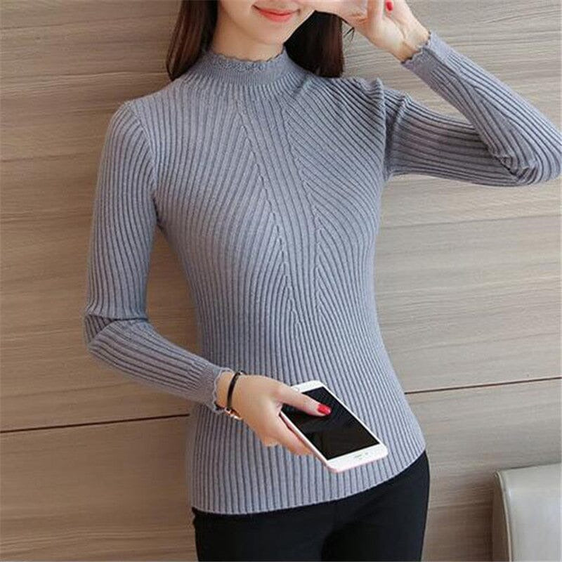 Pull Femme Slim Côtelé à Col Roulé - CozyElegance