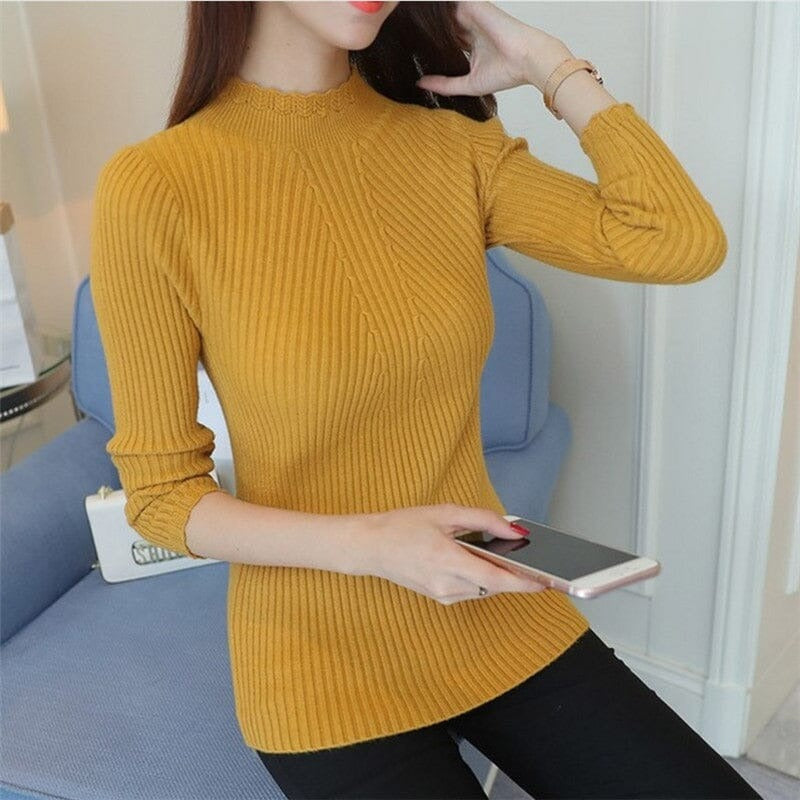 Pull Femme Slim Côtelé à Col Roulé - CozyElegance