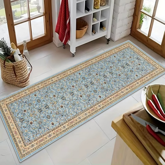 Tapis long floral vintage bleu et doré antidérapant pour cuisine
