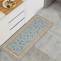 Tapis long floral vintage bleu et doré antidérapant pour cuisine