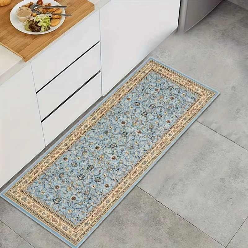 Tapis long floral vintage bleu et doré antidérapant pour cuisine
