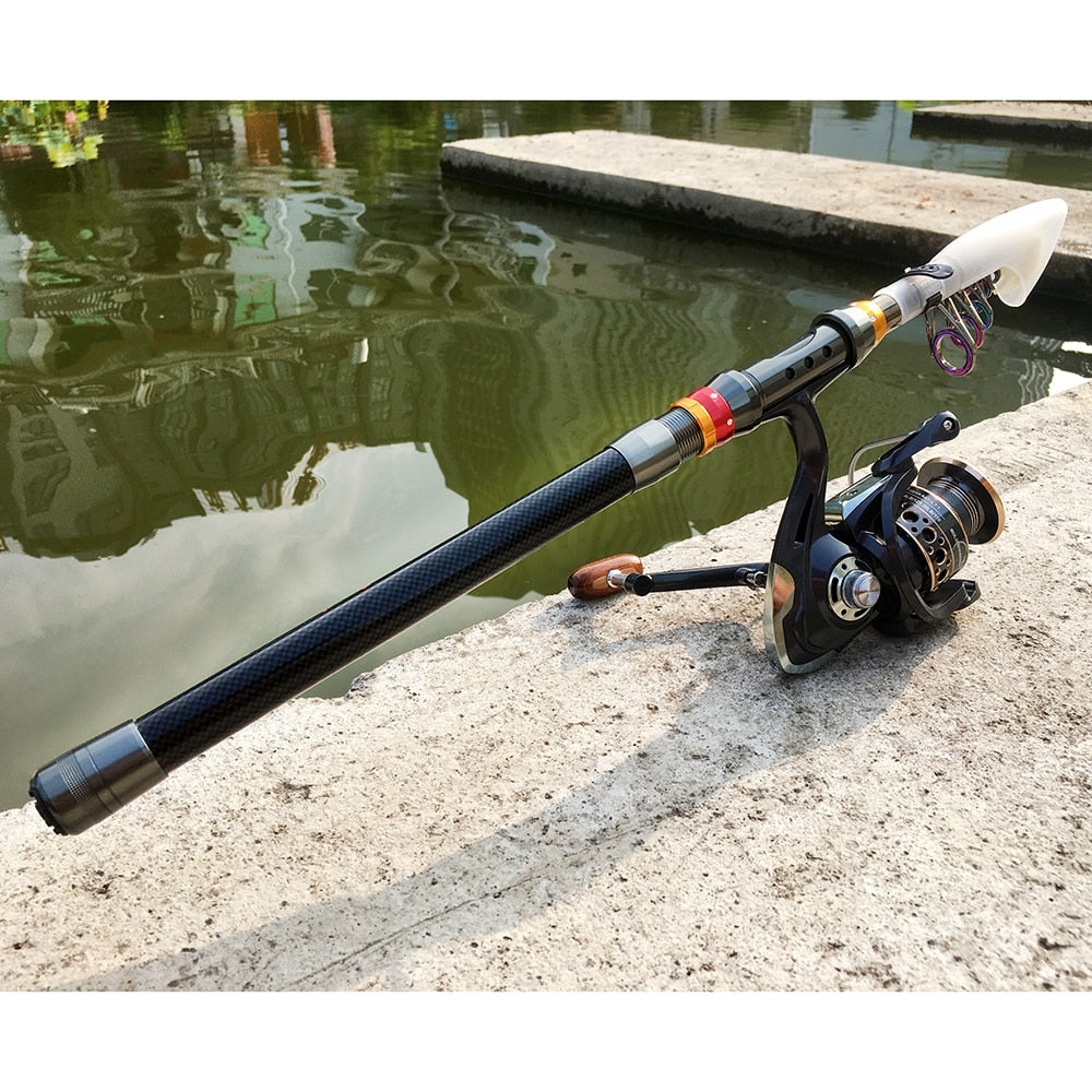 Canne à Pêche Télescopique en Fibre de Carbone avec Moulinet Frein 10kg