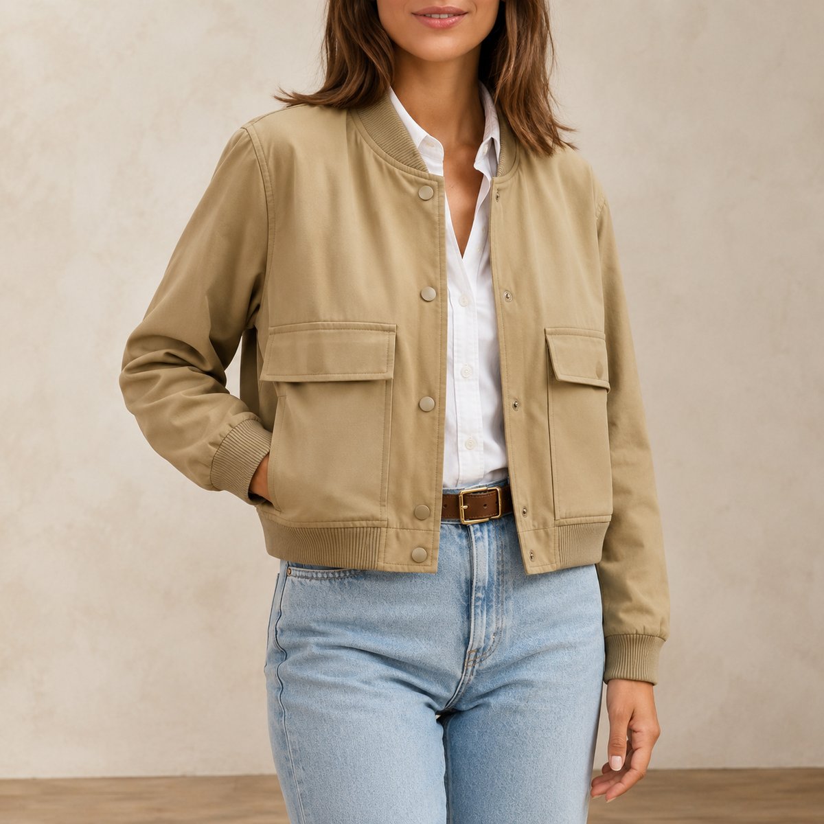 Blouson Bomber Femme Col V Kaki