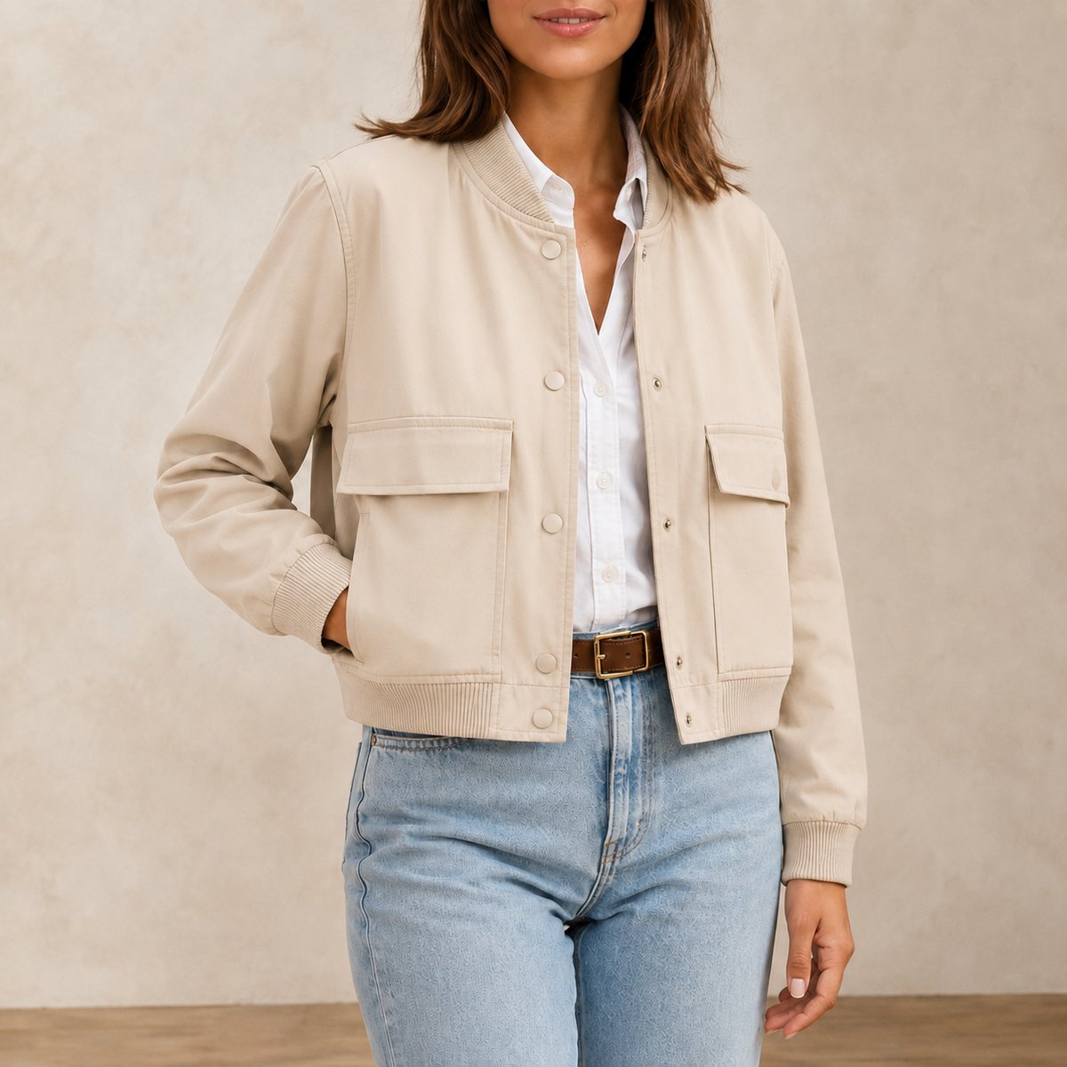 Blouson Bomber Femme Col V Beige