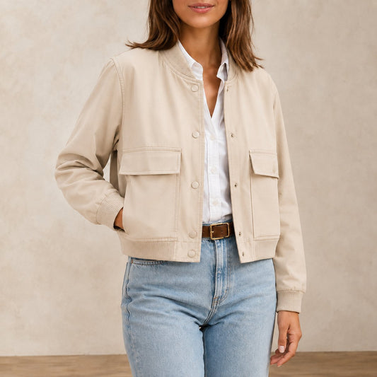 Blouson Bomber Femme Col V Beige