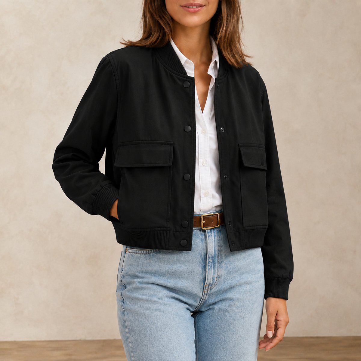 Blouson Bomber Femme Col V Noir