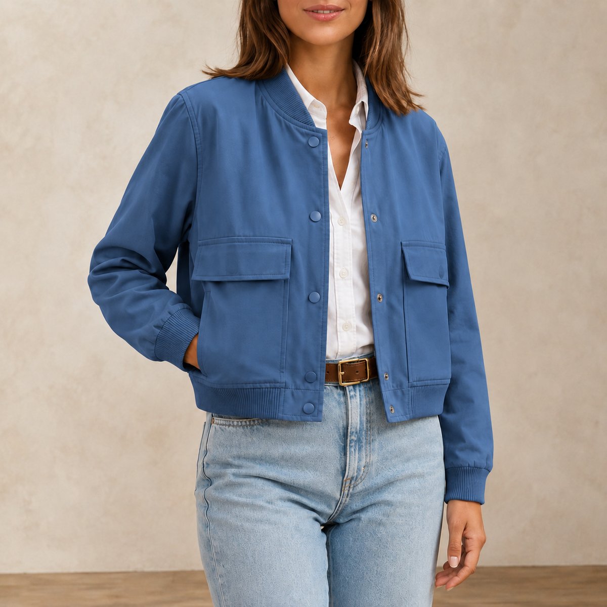 Blouson Bomber Femme Col V Bleu