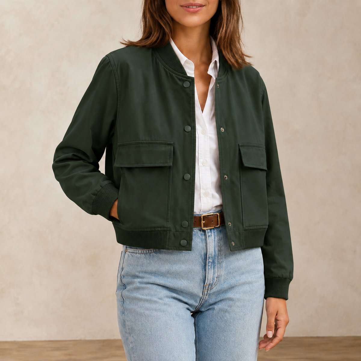 Blouson Bomber Femme Col V Vert Foncé