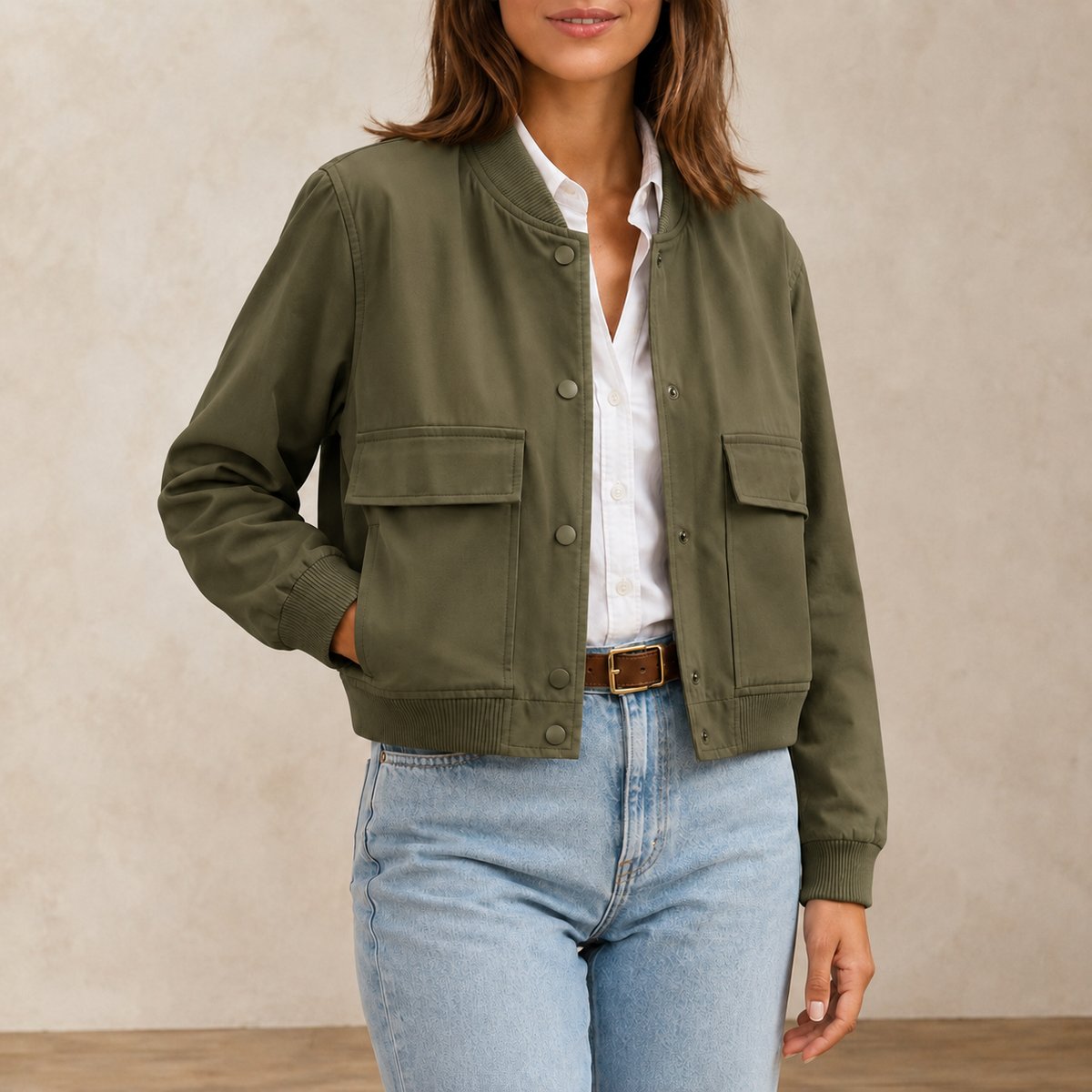 Blouson Bomber Femme Col V Vert Militaire