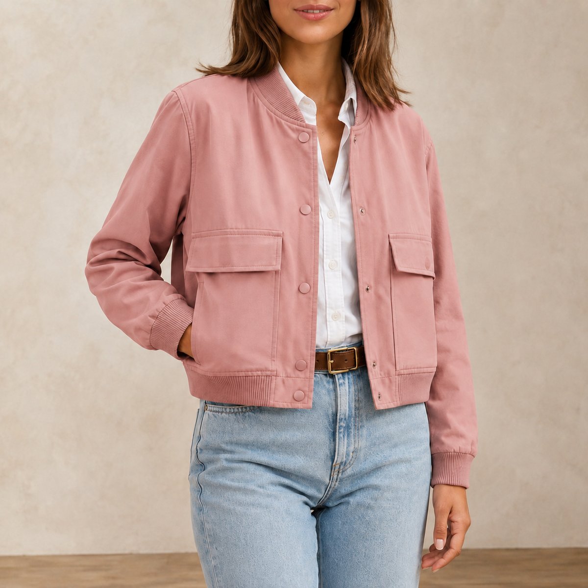Blouson Bomber Femme Col V Rose
